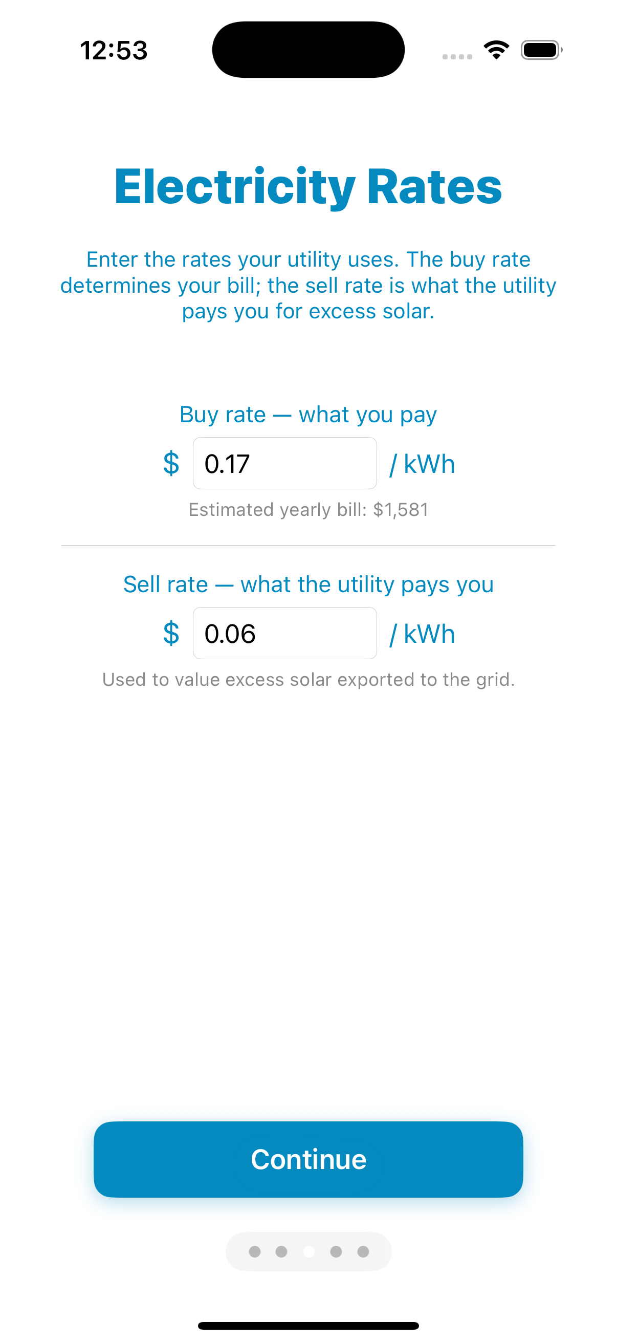 Electricity rates screen